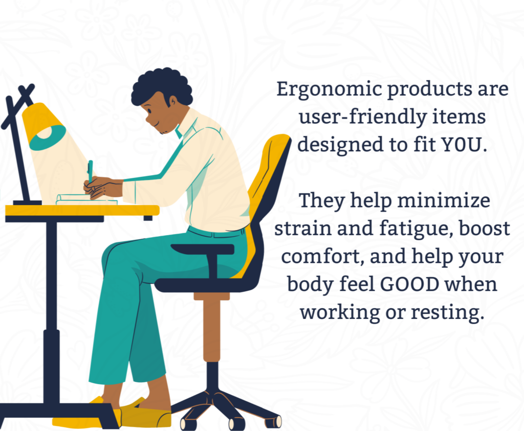 Illustration of a man working at an ergonomic desk: ergonomic products minimise strain and fatigue and boost comfort
