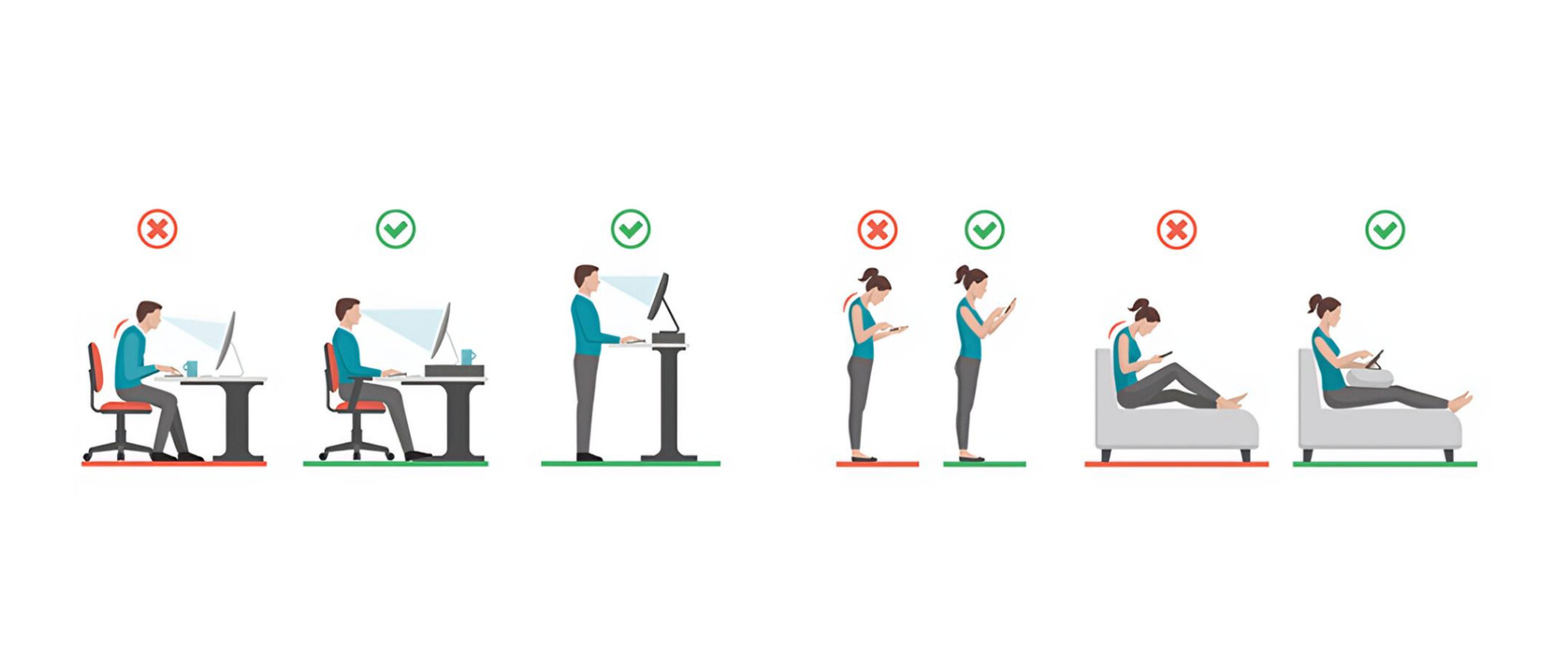 Illustrated guide comparing good and bad sitting, standing and reclining posture