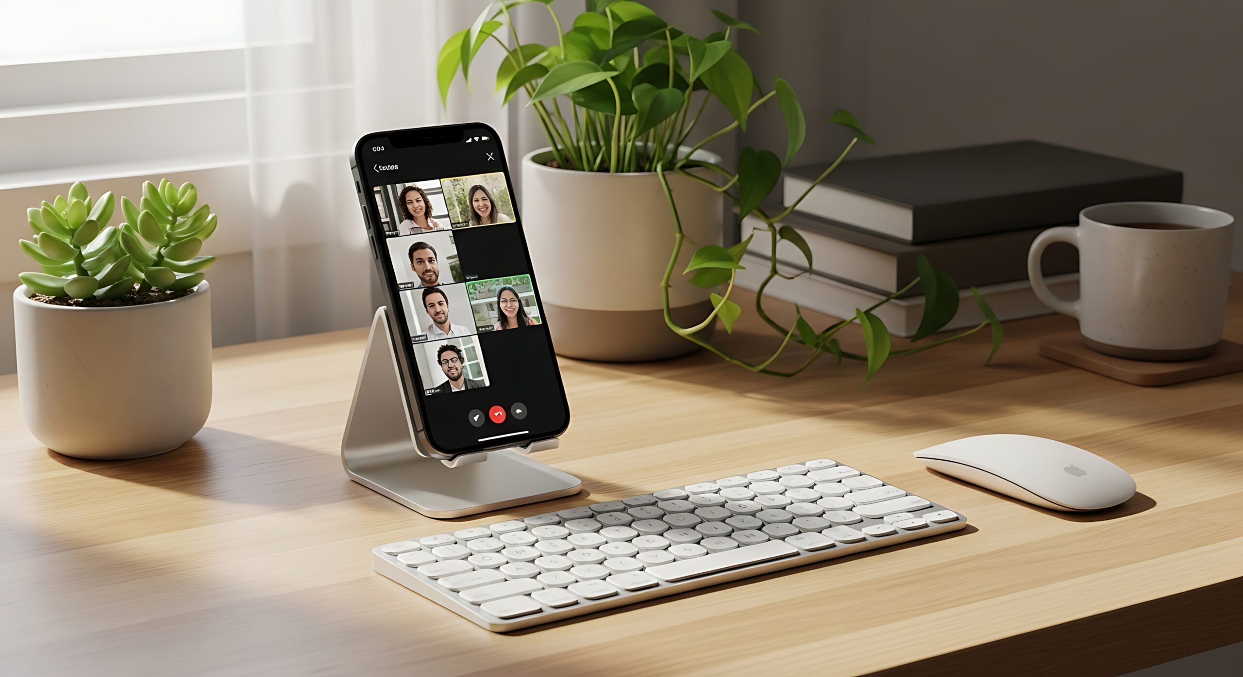 Aluminium phone stand on a tidy desk with keyboard, mouse and plants